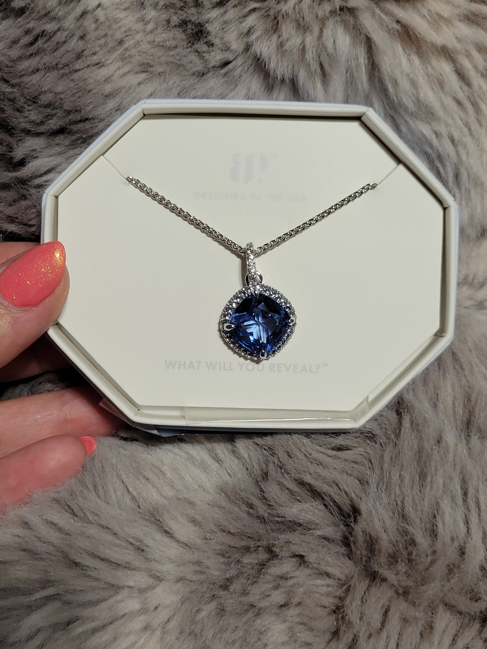 Sterling Silver Pendant Necklace with Deep Blue Cushion Gem
